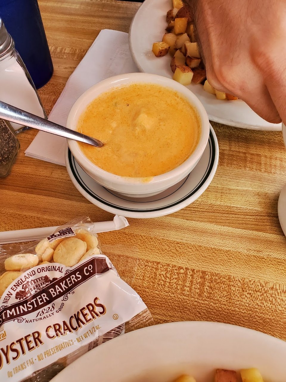 Menu page listing soups, burgers, and breakfast