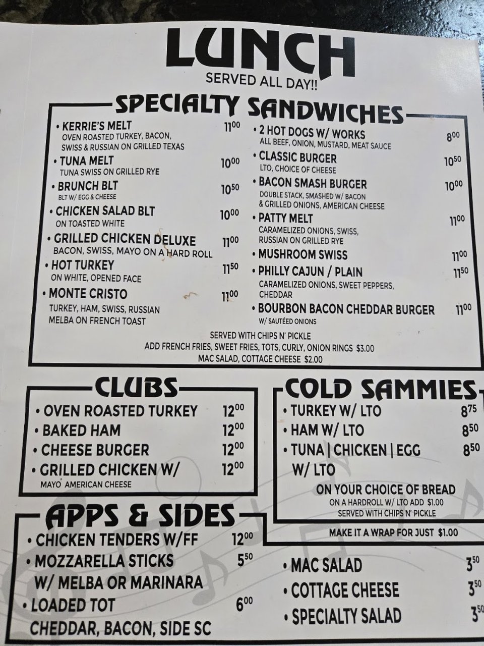 Menu page listing soups, burgers, and breakfast