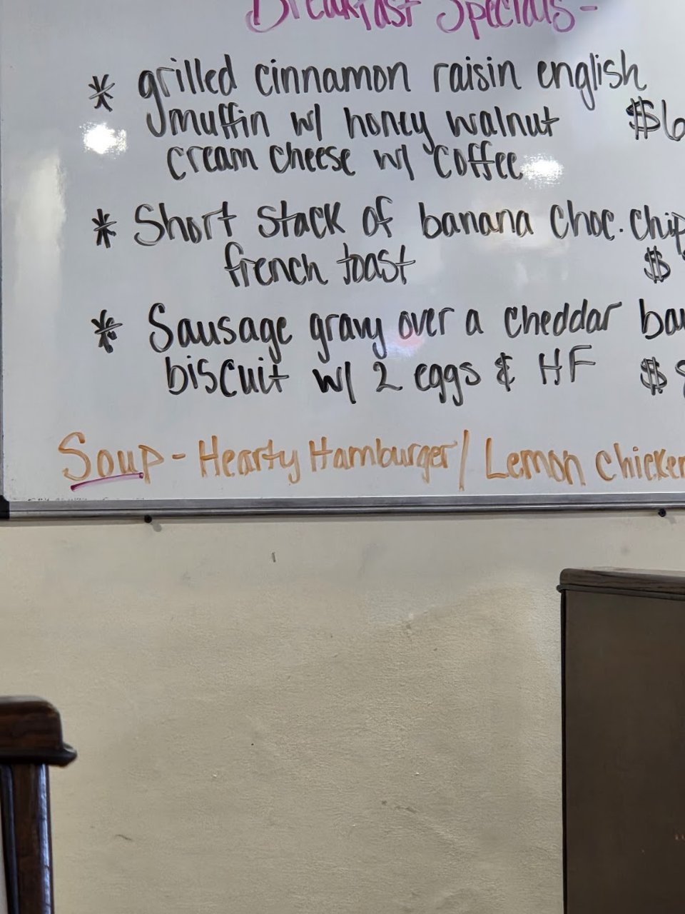 Classic diner menu with homemade specials